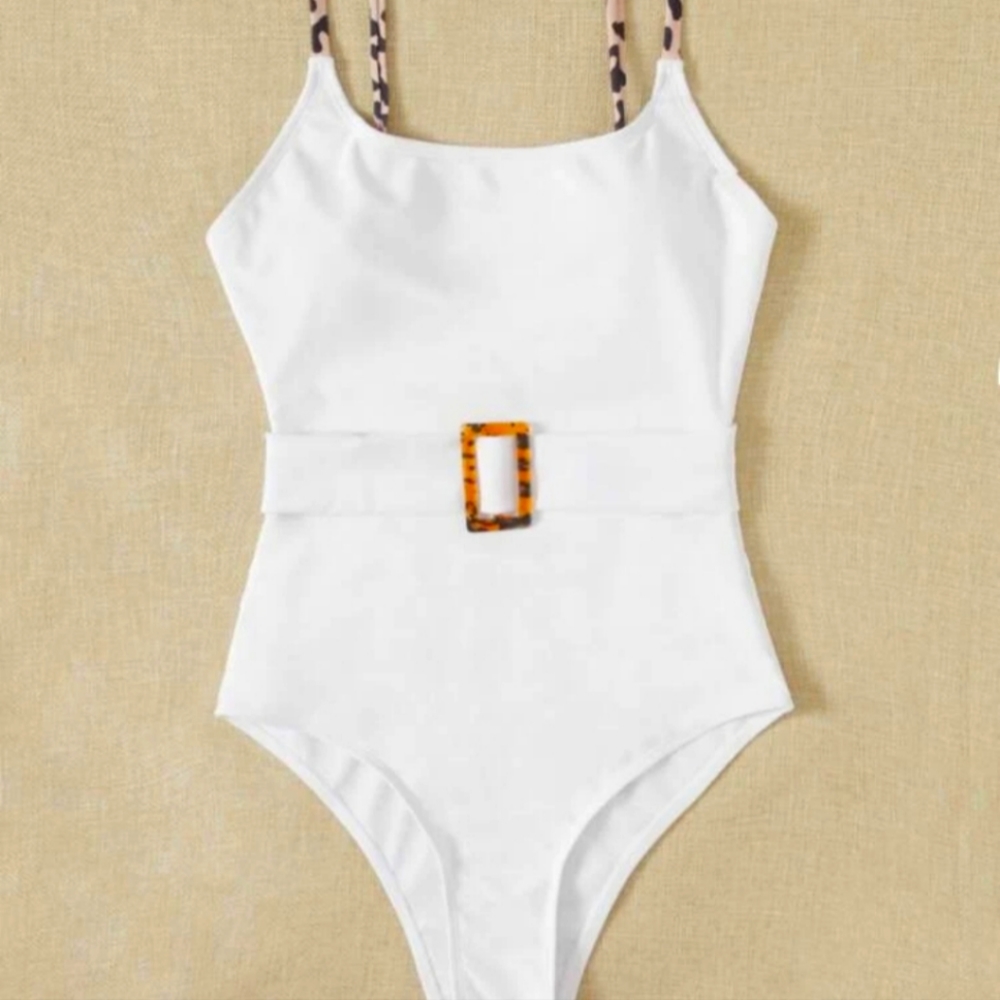White belted one piece swimsuit
